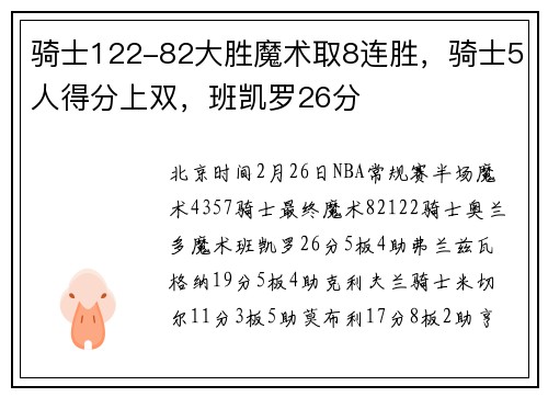骑士122-82大胜魔术取8连胜，骑士5人得分上双，班凯罗26分