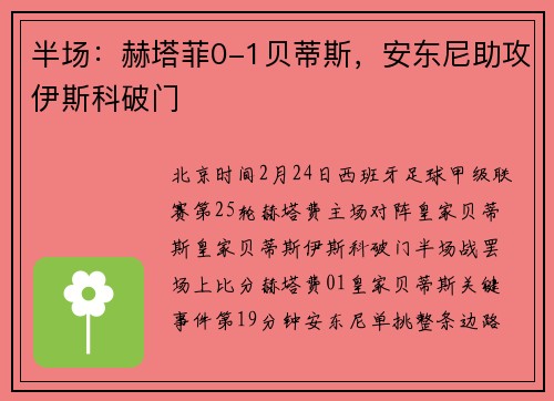 半场：赫塔菲0-1贝蒂斯，安东尼助攻伊斯科破门