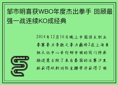 邹市明喜获WBO年度杰出拳手 回顾最强一战连续KO成经典
